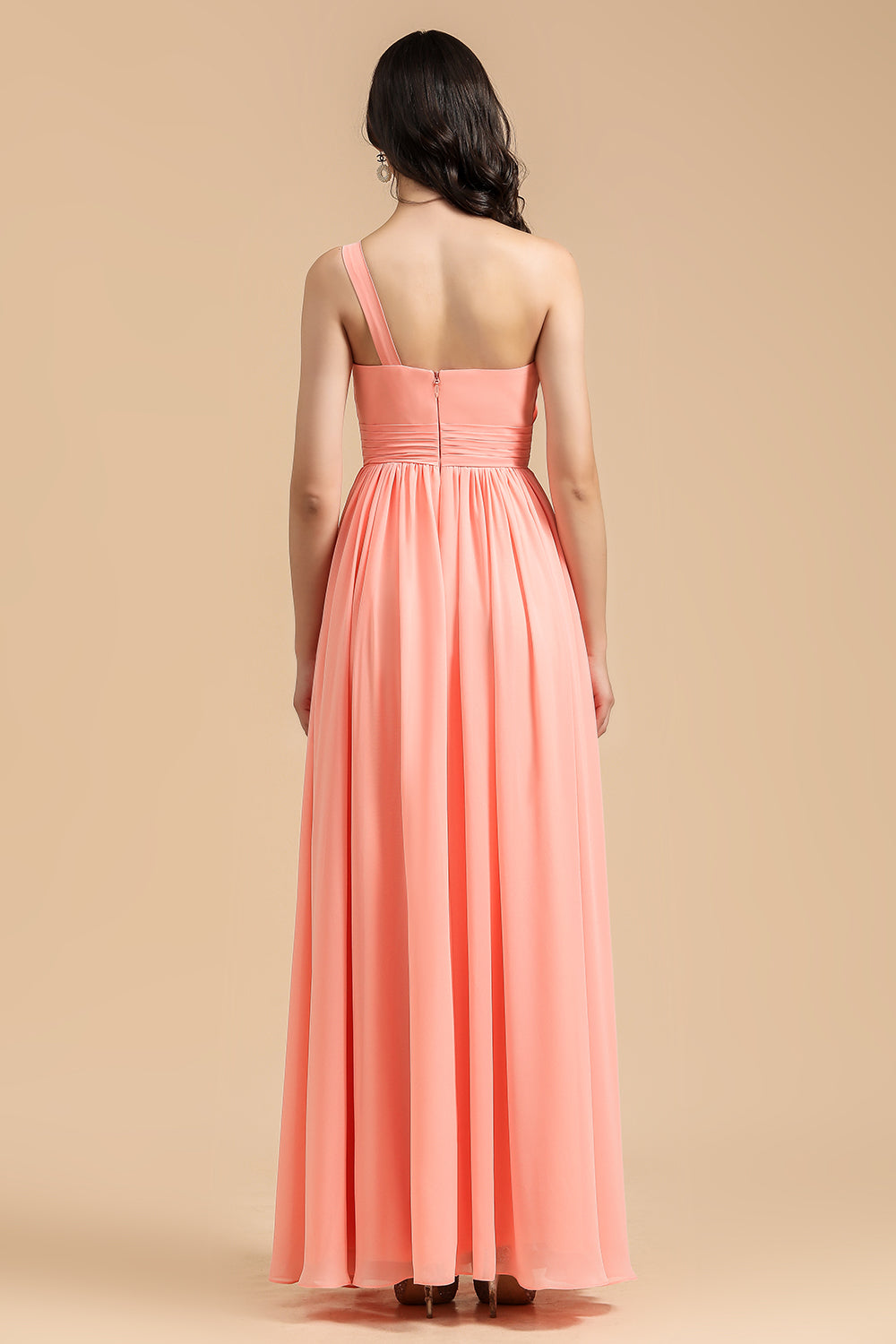 Elegant A-line One Shoulder Coral Chiffon Long Bridesmaid Dresses