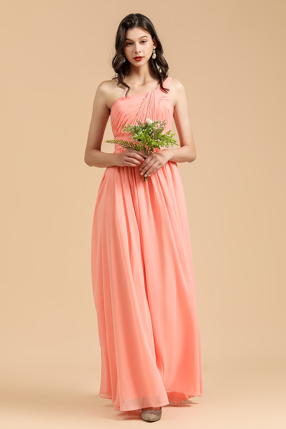 Elegant A-line One Shoulder Coral Chiffon Long Bridesmaid Dresses