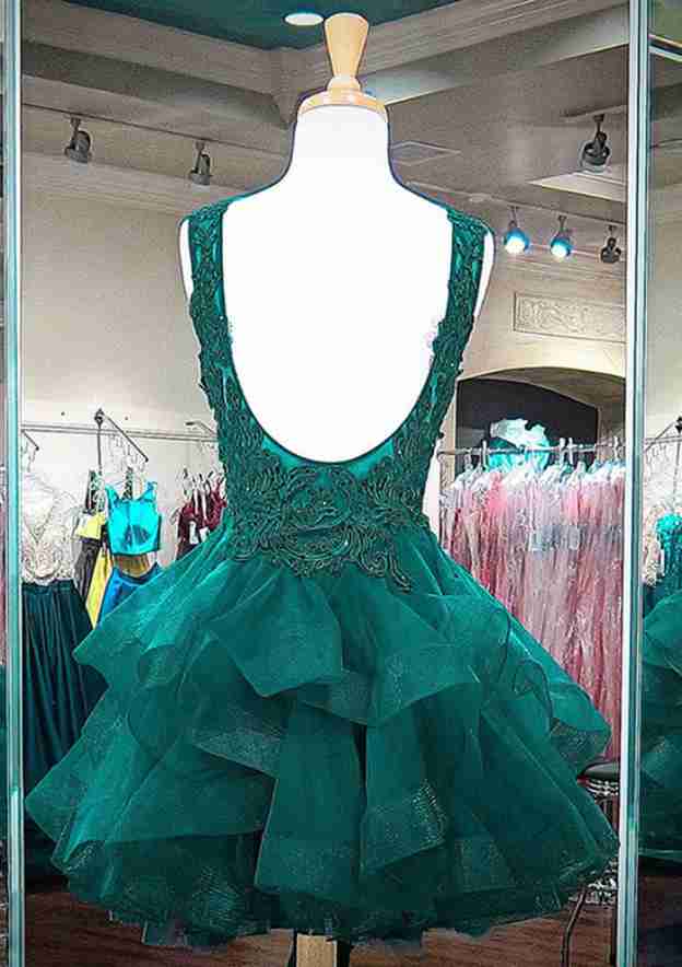 Elegant A-line Princess V-Neck Sleeveless Short Mini Organza Cocktail Dress With Appliqued