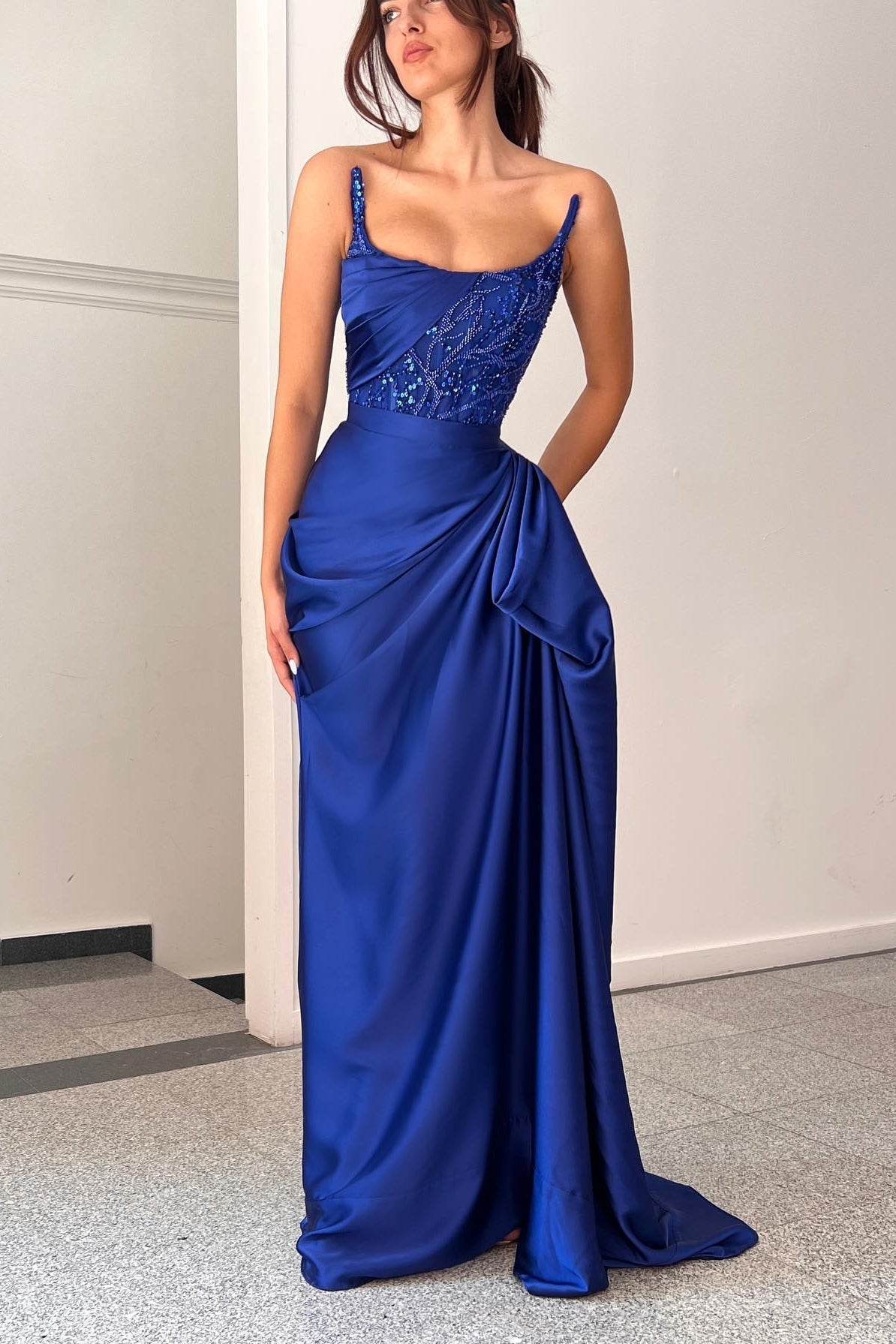 Graceful A-line Ruffled Sleeveless Square Satin Ocean Blue Prom Dress - Fashionpara