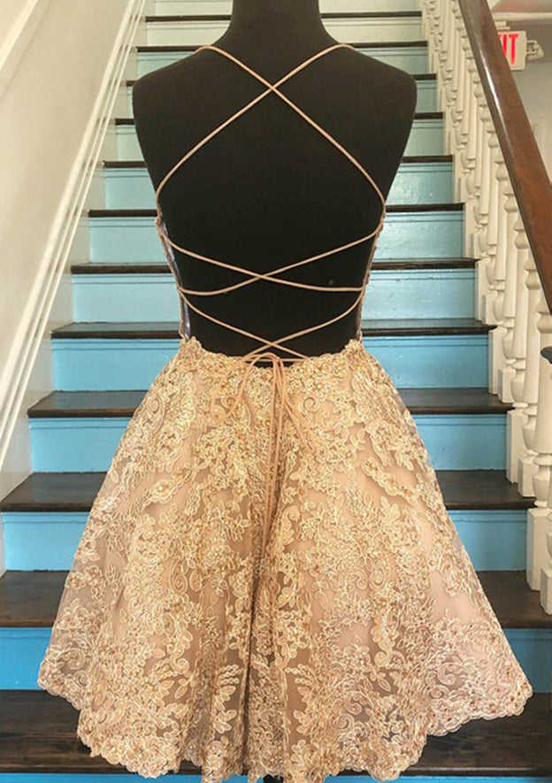 Elegant A-line Scoop Neck Sleeveless Lace Short Homecoming Dress