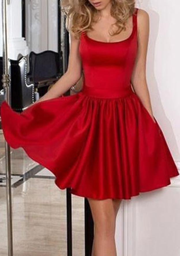 Elegant A-line Short Satin Homecoming Dress with Square Neckline, Bowknot Ruffles & Sleeveless