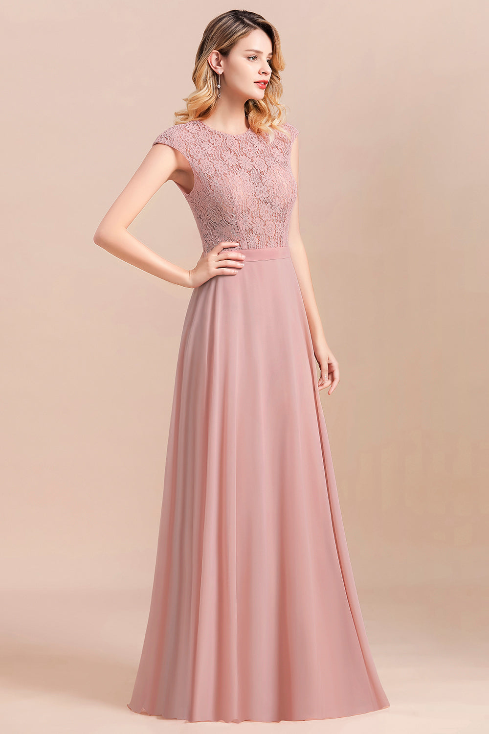 Elegant A-Line Sleeveless Dusty Rose Lace Bridesmaid Dresses