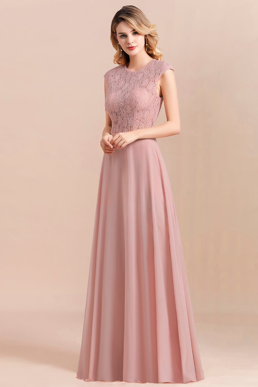 Elegant A-Line Sleeveless Dusty Rose Lace Bridesmaid Dresses