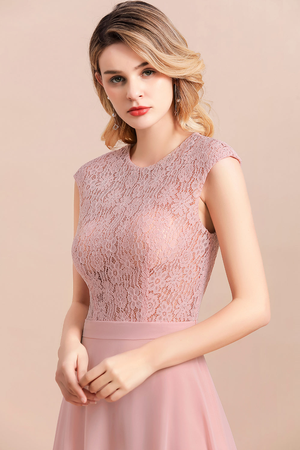 Elegant A-Line Sleeveless Dusty Rose Lace Bridesmaid Dresses