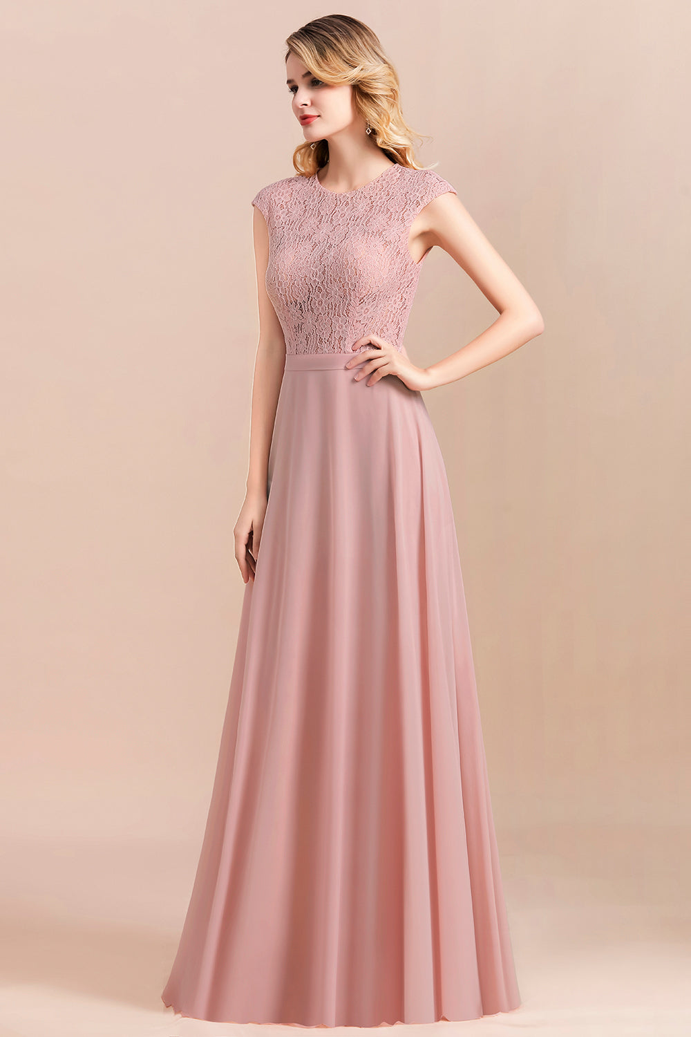 Elegant A-Line Sleeveless Dusty Rose Lace Bridesmaid Dresses