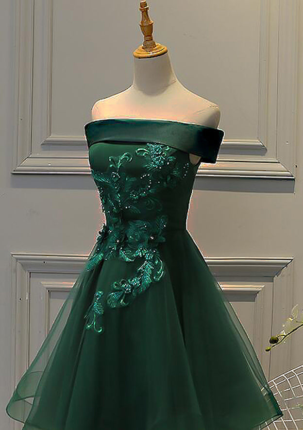 Elegant A-line Square Neck Sleeveless Tulle Satin Homecoming Dress with Appliqued Beading