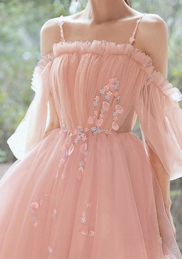 Elegant A-line Square Neckline Short Sleeve Tulle Homecoming Dress with Beading Pleats