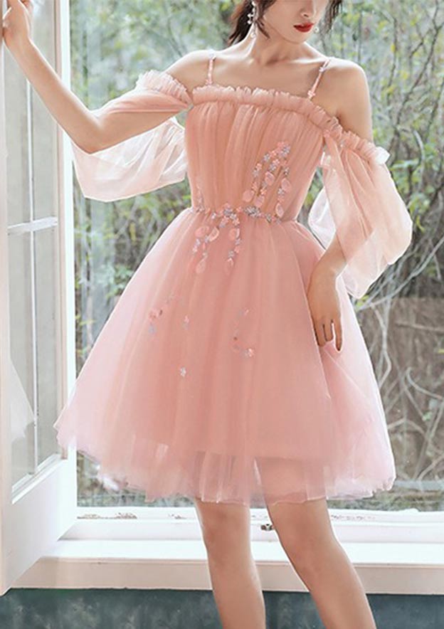 Elegant A-line Square Neckline Short Sleeve Tulle Homecoming Dress with Beading Pleats