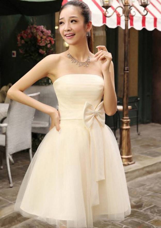 Elegant A-line Strapless Pleated Bowknot Lace Up Mini Bridesmaid Dresses