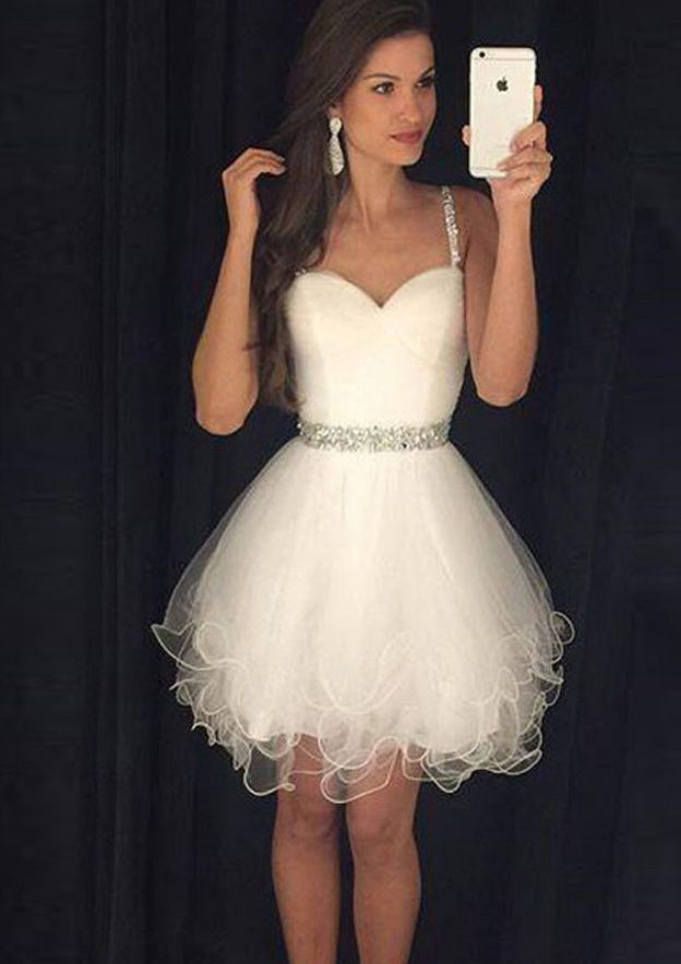 Elegant A-line Sweetheart Sleeveless Short Tulle Homecoming Dress with Beading Waistband