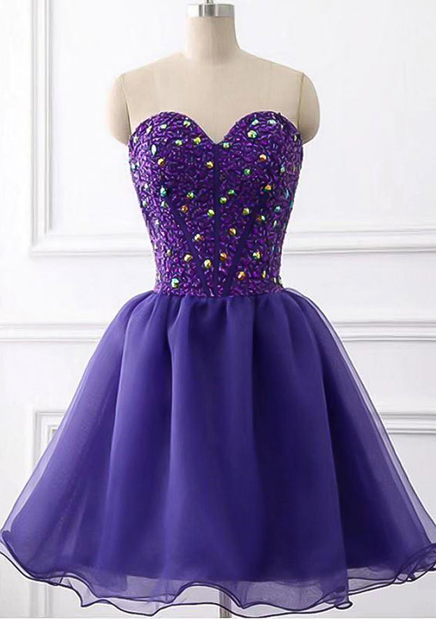 Elegant A-line Sweetheart Sleeveless Tulle Short Homecoming Dress with Beading Rhinestone