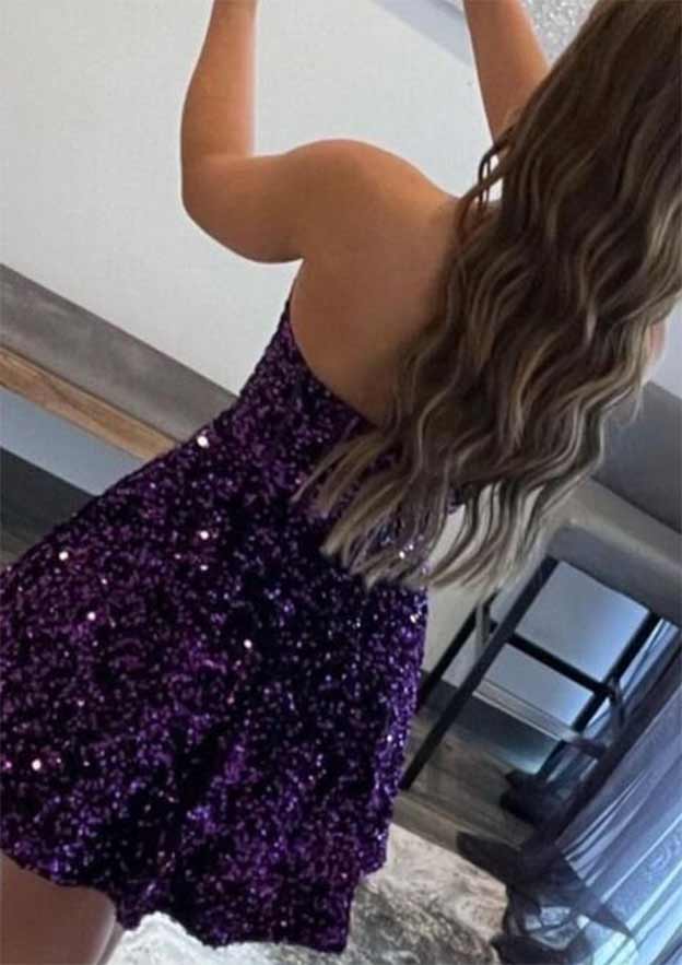 Elegant A-line Sweetheart Sleeveless Velvet Sequins Homecoming Dress with Pockets