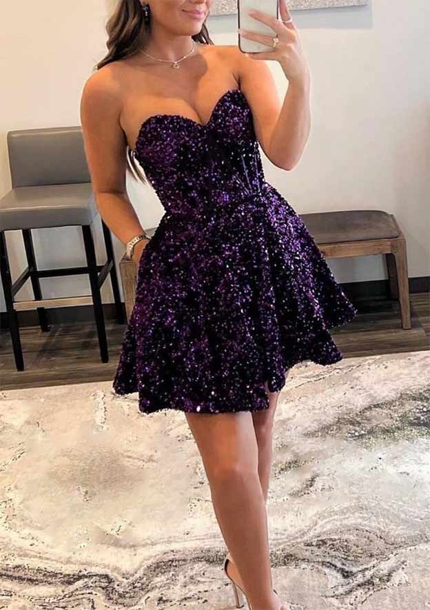 Elegant A-line Sweetheart Sleeveless Velvet Sequins Homecoming Dress with Pockets