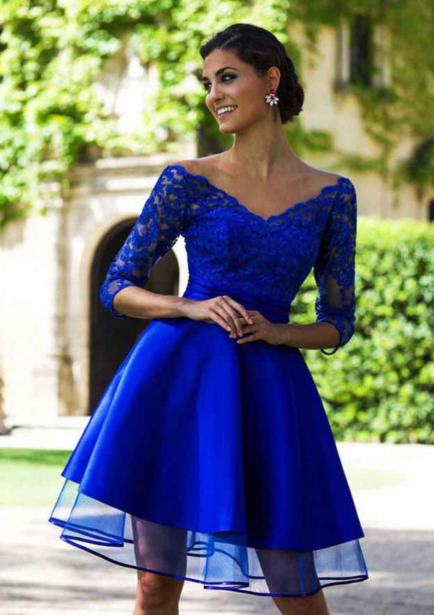 Elegant A-line V-Neck 3/4 Sleeve Satin Homecoming Dress With Lace