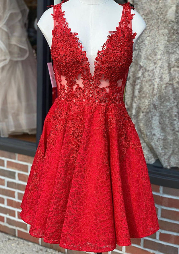 Elegant A-line V Neck Beaded Lace Short Dress for Homecoming