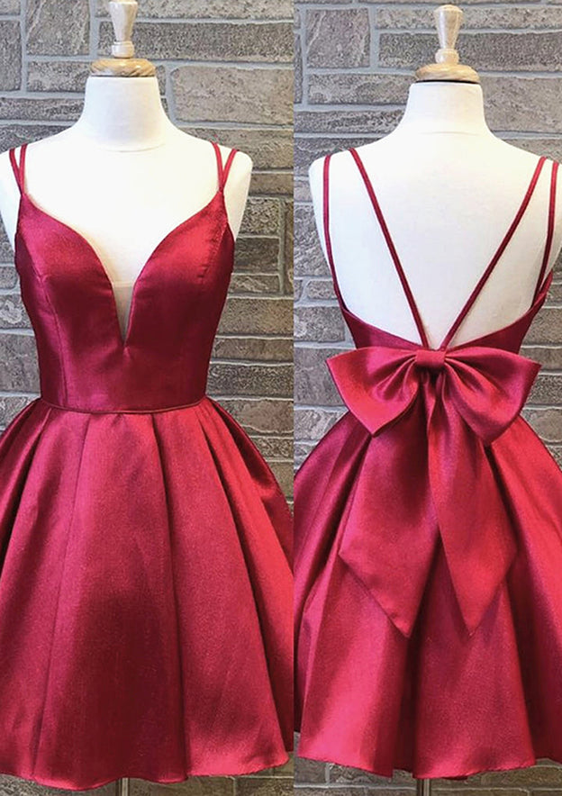 Elegant A-line V Neck Satin Homecoming Dress with Bowknot