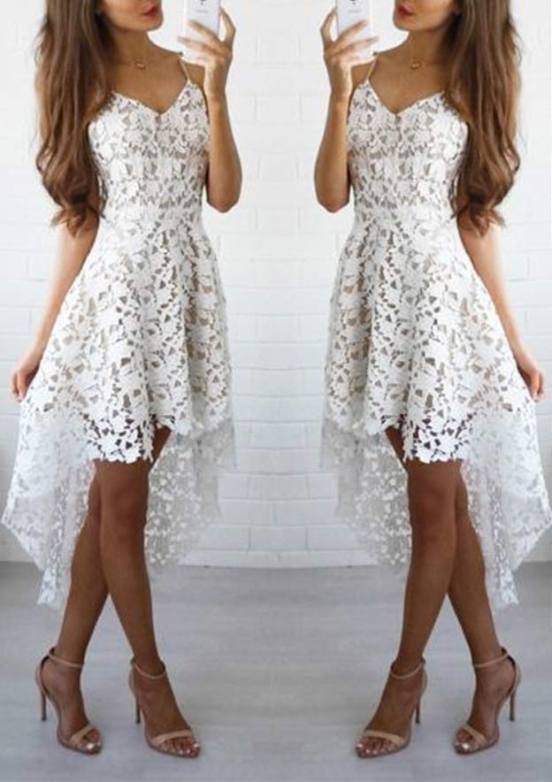 Elegant A-line V-Neck Sleeveless Lace Asymmetrical Homecoming Dress