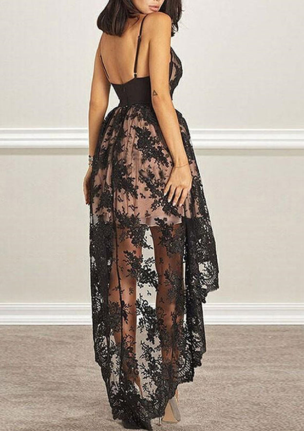 Elegant A-line V Neck Sleeveless Lace Satin Asymmetrical Homecoming Dress With Sequins