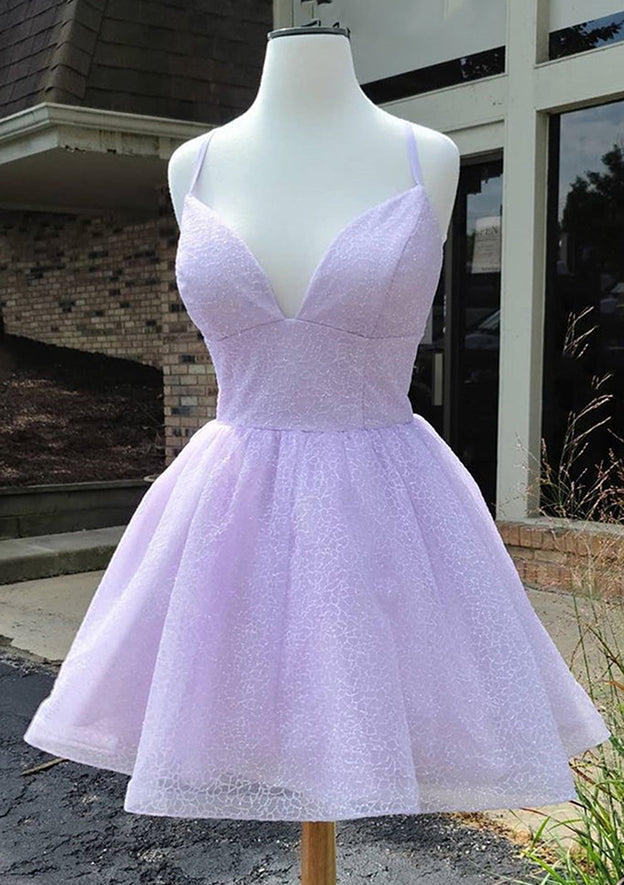 Elegant A-line V Neck Sleeveless Organza Short Homecoming Dress With Glitter