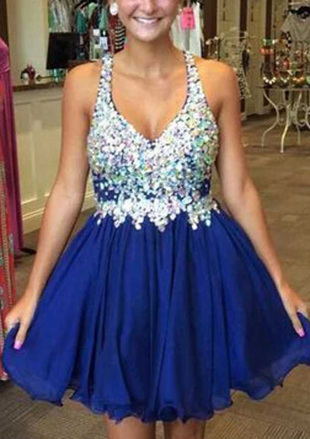 Elegant A-line V-Neck Sleeveless Short Chiffon Homecoming Dress With Crystal