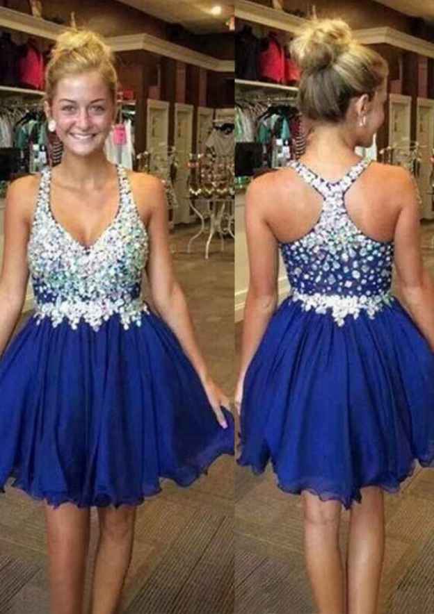 Elegant A-line V-Neck Sleeveless Short Chiffon Homecoming Dress With Crystal