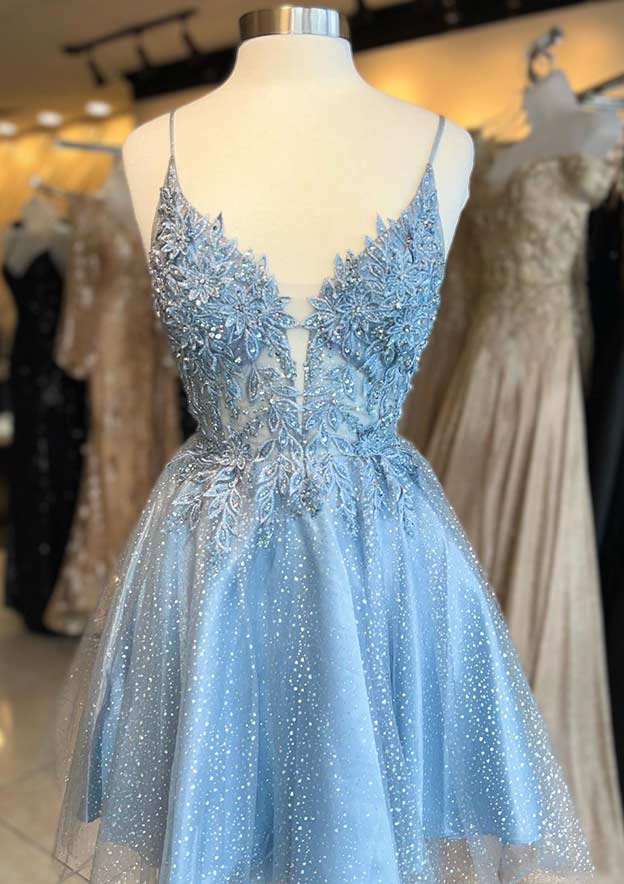 Elegant A-line V Neck Sleeveless Short Tulle Homecoming Dress with Appliqued Beading Glitter