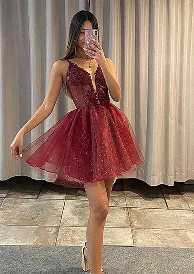 Elegant A-line V Neck Sleeveless Short Tulle Homecoming Dress with Appliqued Sequins