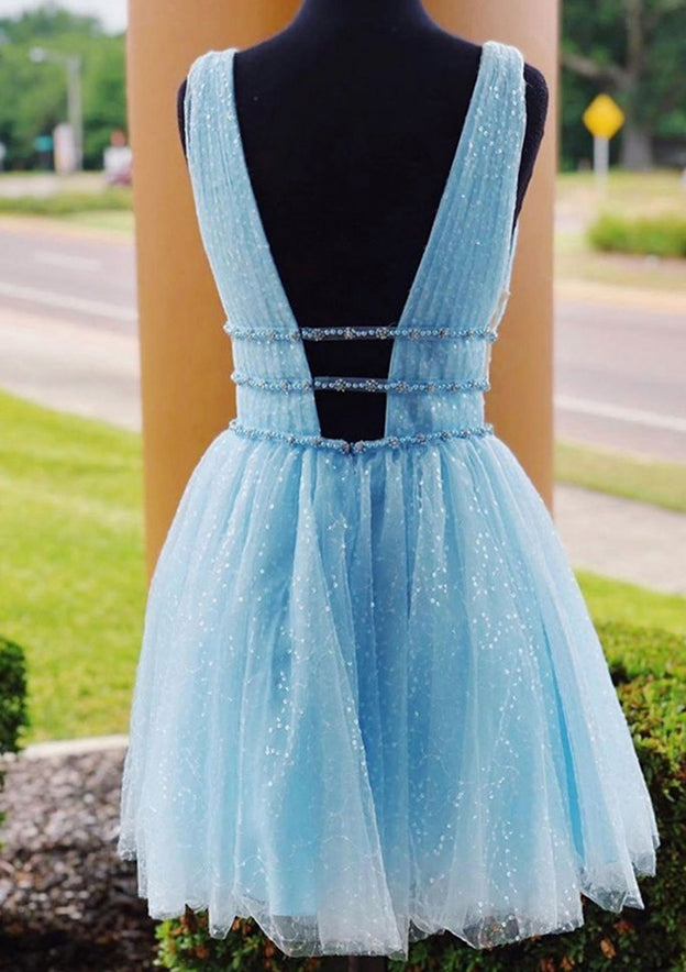 Elegant A-line V Neck Sleeveless Tulle Dress With Beading Glitter for Homecoming