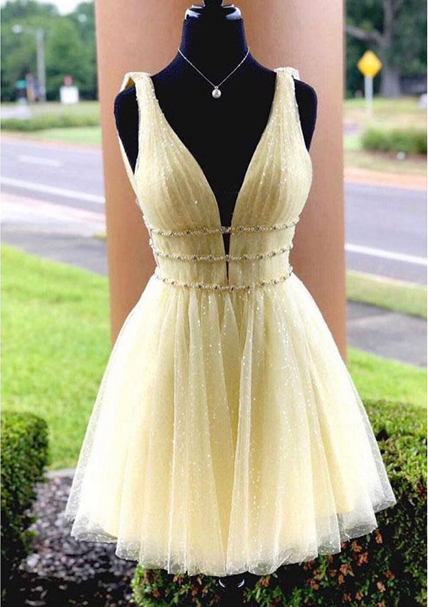 Elegant A-line V Neck Sleeveless Tulle Dress With Beading Glitter for Homecoming