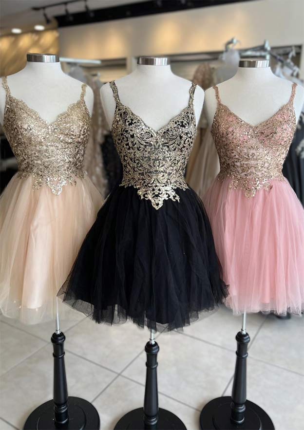 Elegant A-line V Neck Sleeveless Tulle Homecoming Dress with Sequins Appliques