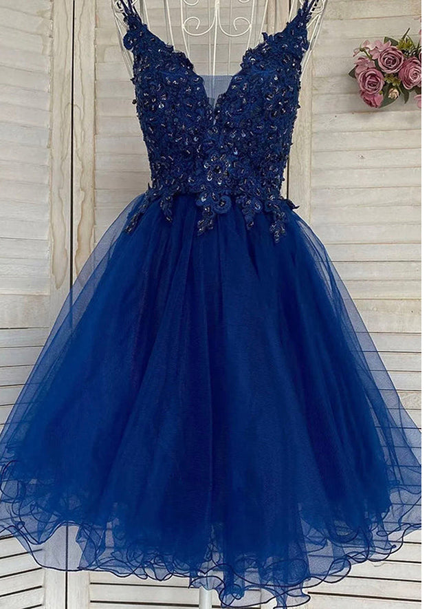 Elegant A-line V Neck Sleeveless Tulle Short Homecoming Dress with Appliqued Beading Sequins