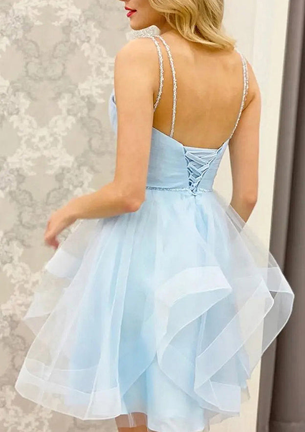 Elegant A-line V Neck Sleeveless Tulle Short Homecoming Dress With Beading & Pleats