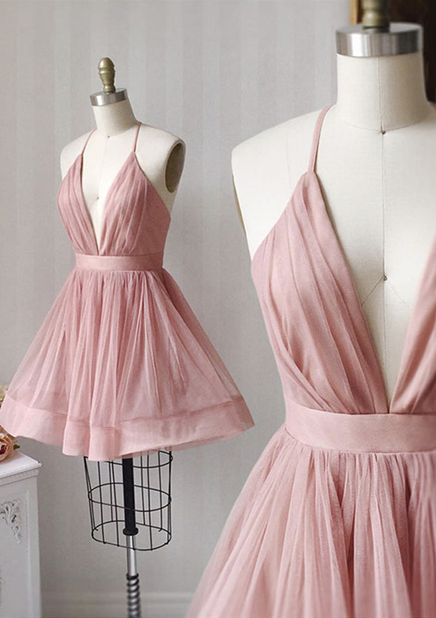 Elegant A-line V Neck Sleeveless Tulle Short Homecoming Dress with Pleated Detail