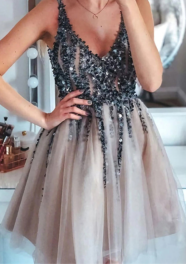 Elegant A-line V Neck Sleeveless Tulle Short Homecoming Dress with Sequins Beading