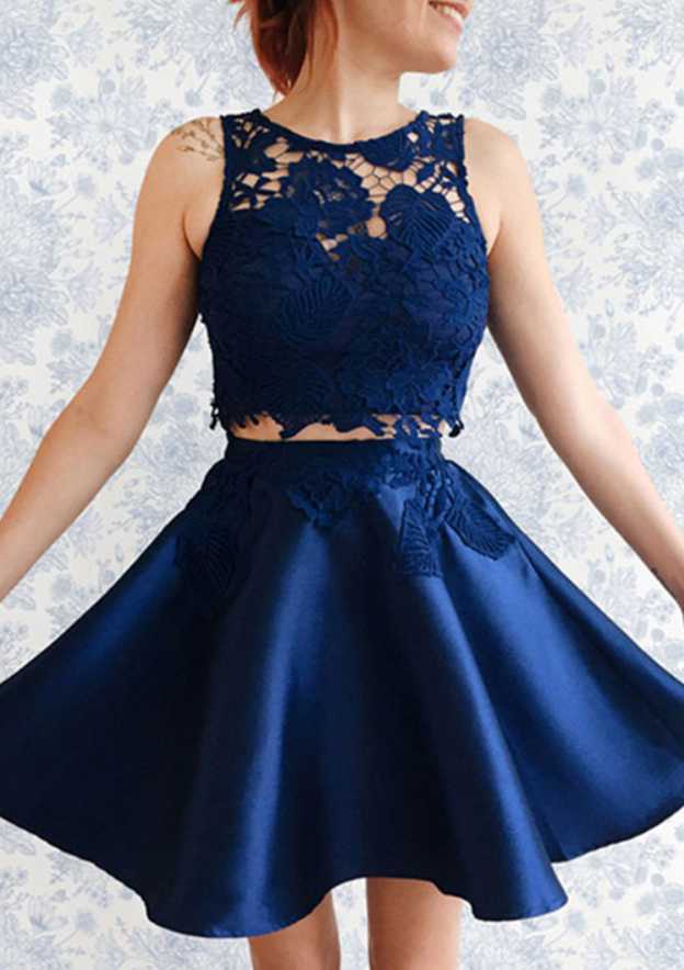 Elegant A-line/Princess Bateau Short Satin Homecoming Dress With Lace