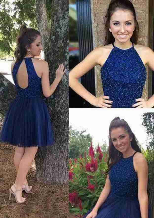 Elegant A-line/Princess Bateau Short Tulle Homecoming Dress with Beaded Accents