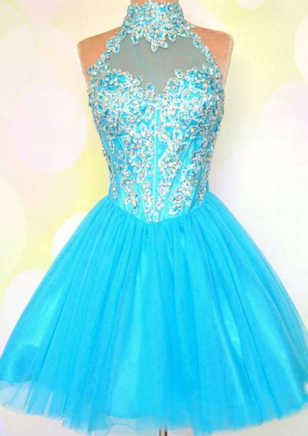 Elegant A-line/Princess Short Tulle Prom Dress with Crystal Beading