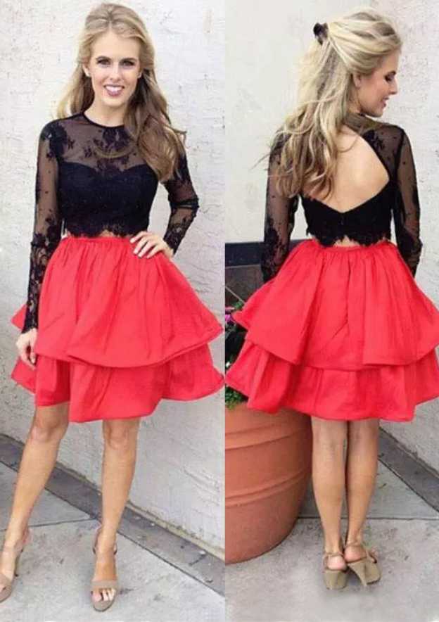 Elegant A-line/Princess Taffeta Cocktail Dress with Lace Knee-Length