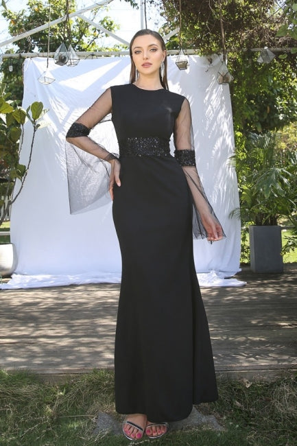 Stunning Jewel Long-Sleeves Mermaid Satin Black Prom Dresses