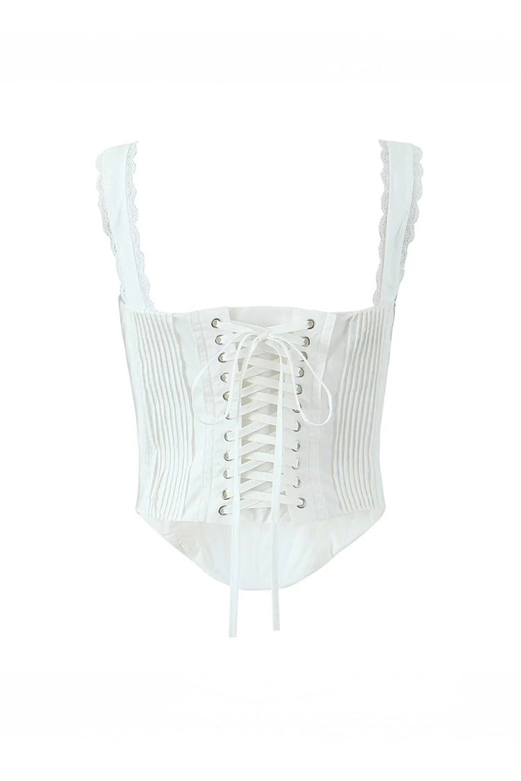 Elegant Bow Tie Scalloped Lacy Suspender Strap Lace Up Pleated Corset Crop Top