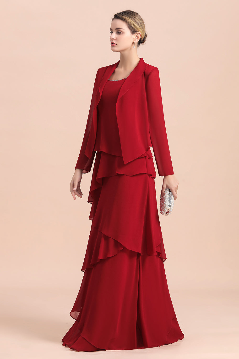 Elegant Burgundy Chiffon Mother of the Bride Dress Ruffles With Jacket - Fashionpara