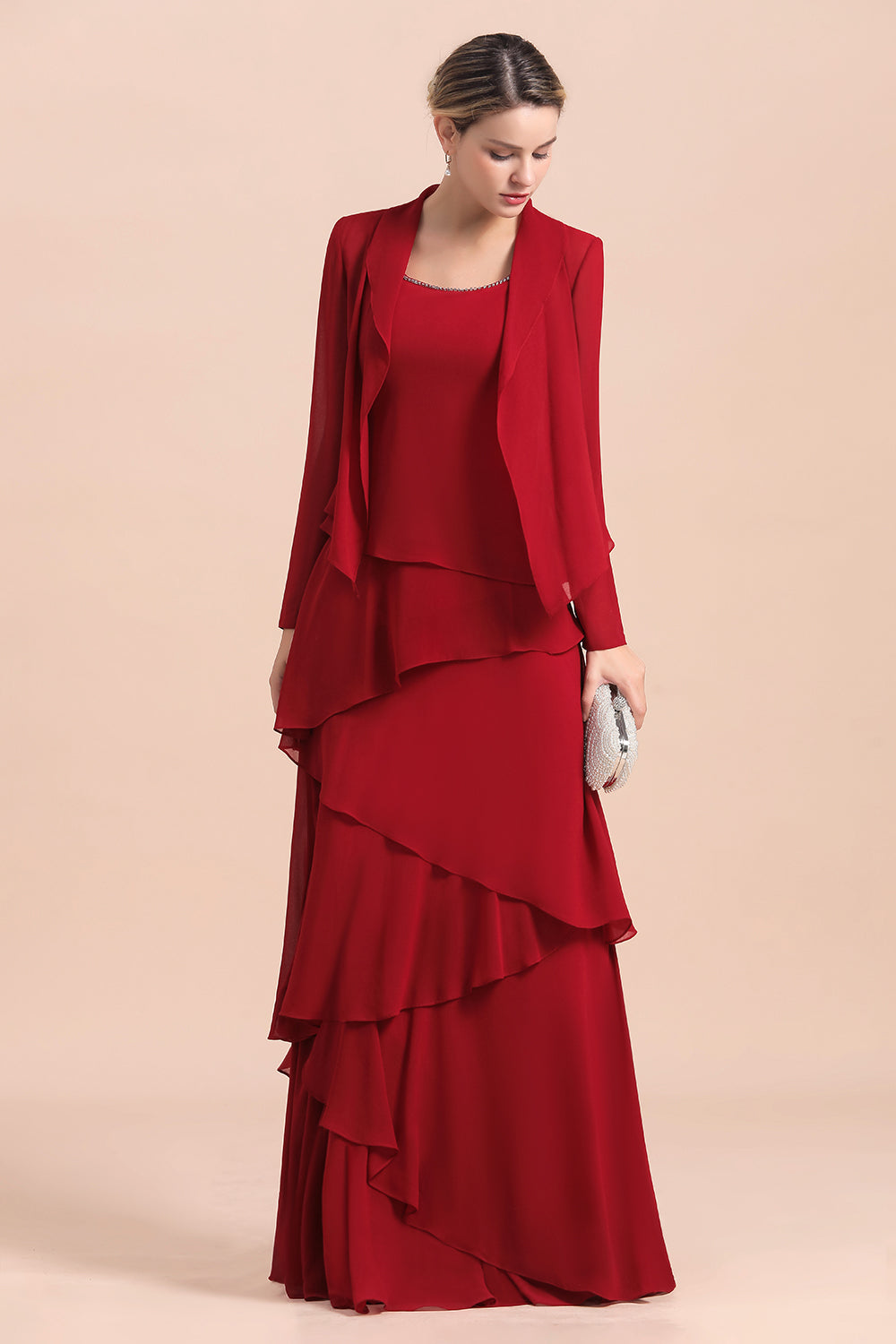 Elegant Burgundy Chiffon Mother of the Bride Dress Ruffles With Jacket - Fashionpara