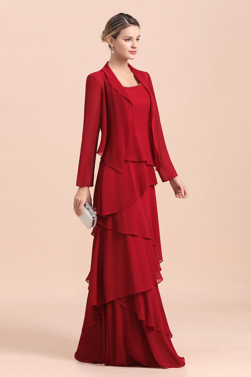 Elegant Burgundy Chiffon Mother of the Bride Dress Ruffles With Jacket - Fashionpara