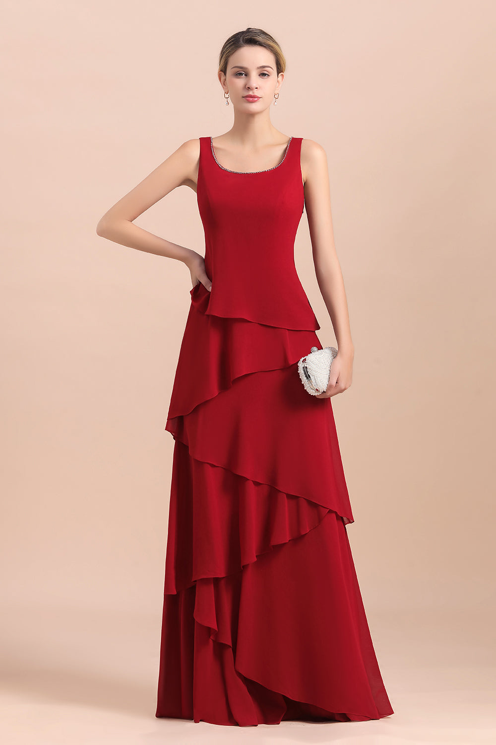 Elegant Burgundy Chiffon Mother of the Bride Dress Ruffles With Jacket - Fashionpara