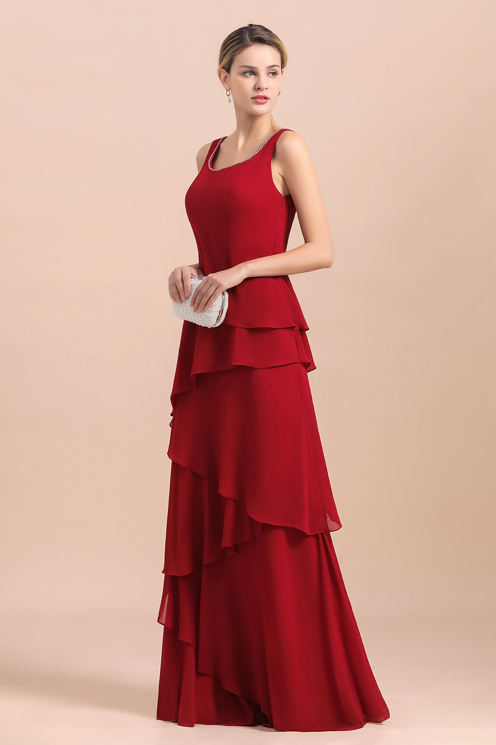 Elegant Burgundy Chiffon Mother of the Bride Dress Ruffles With Jacket - Fashionpara