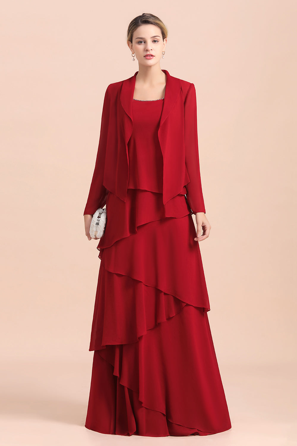 Elegant Burgundy Chiffon Mother of the Bride Dress Ruffles With Jacket - Fashionpara