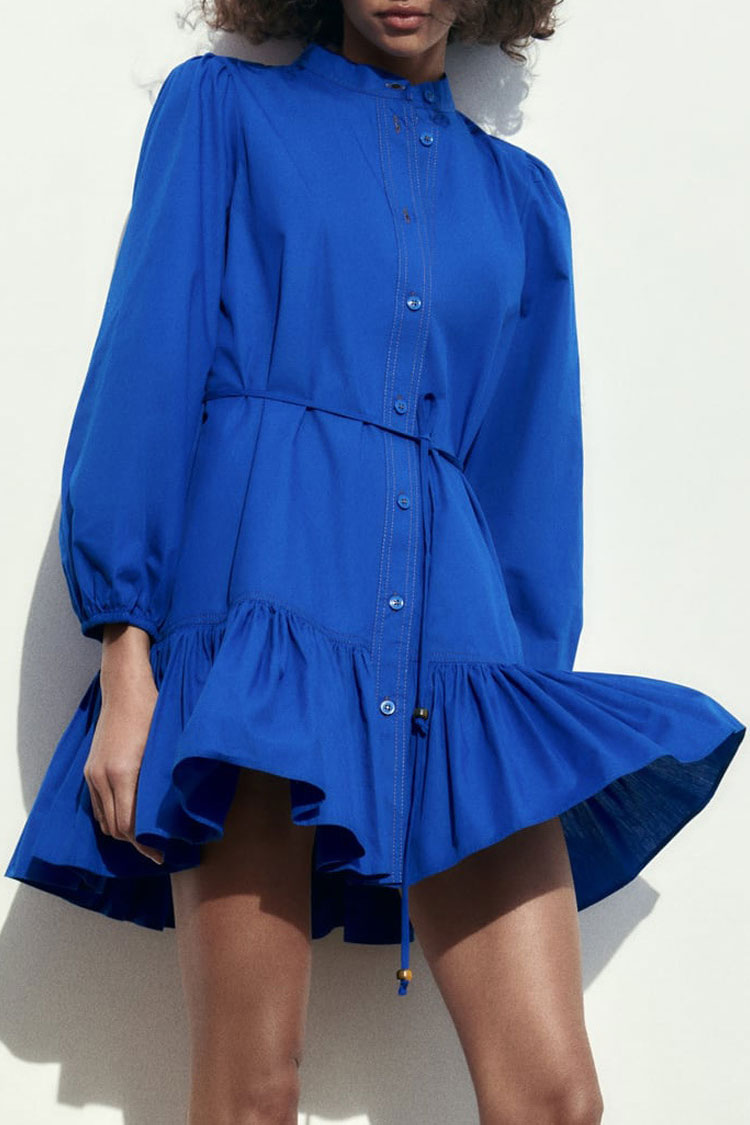 Elegant Button Down Bishop Sleeve A line Ruffle Shirt Mini Dress - Royal Blue