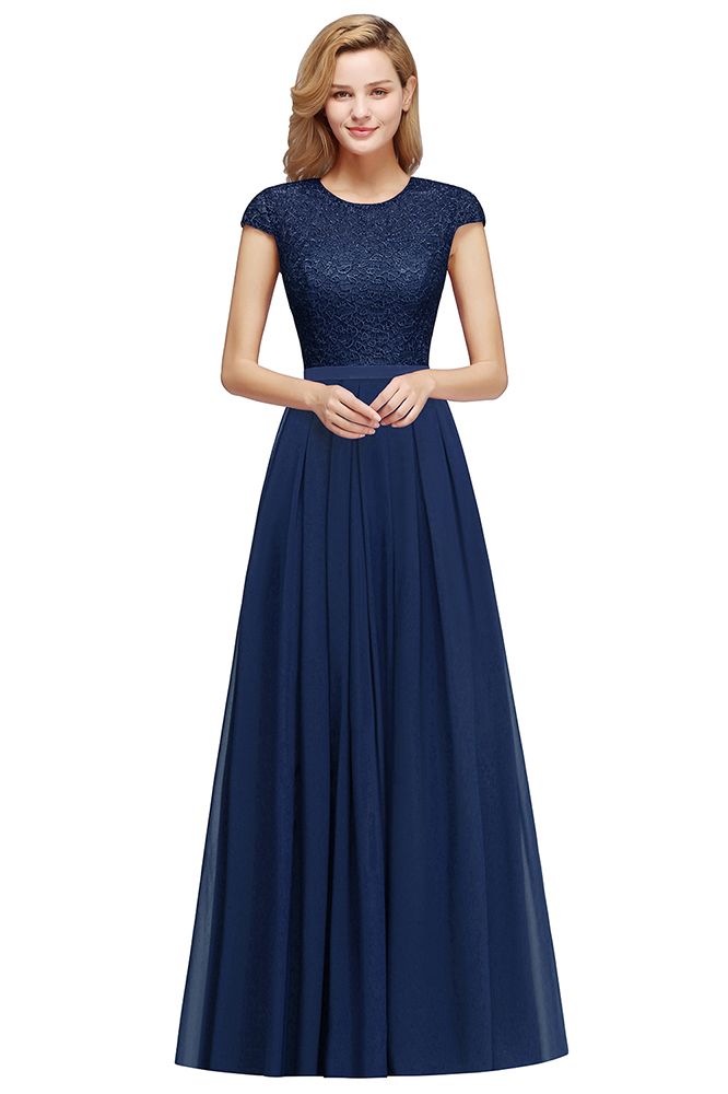 Designer Sleeves Cap Aline Evening Swing Dress Navy Blue Long Dress