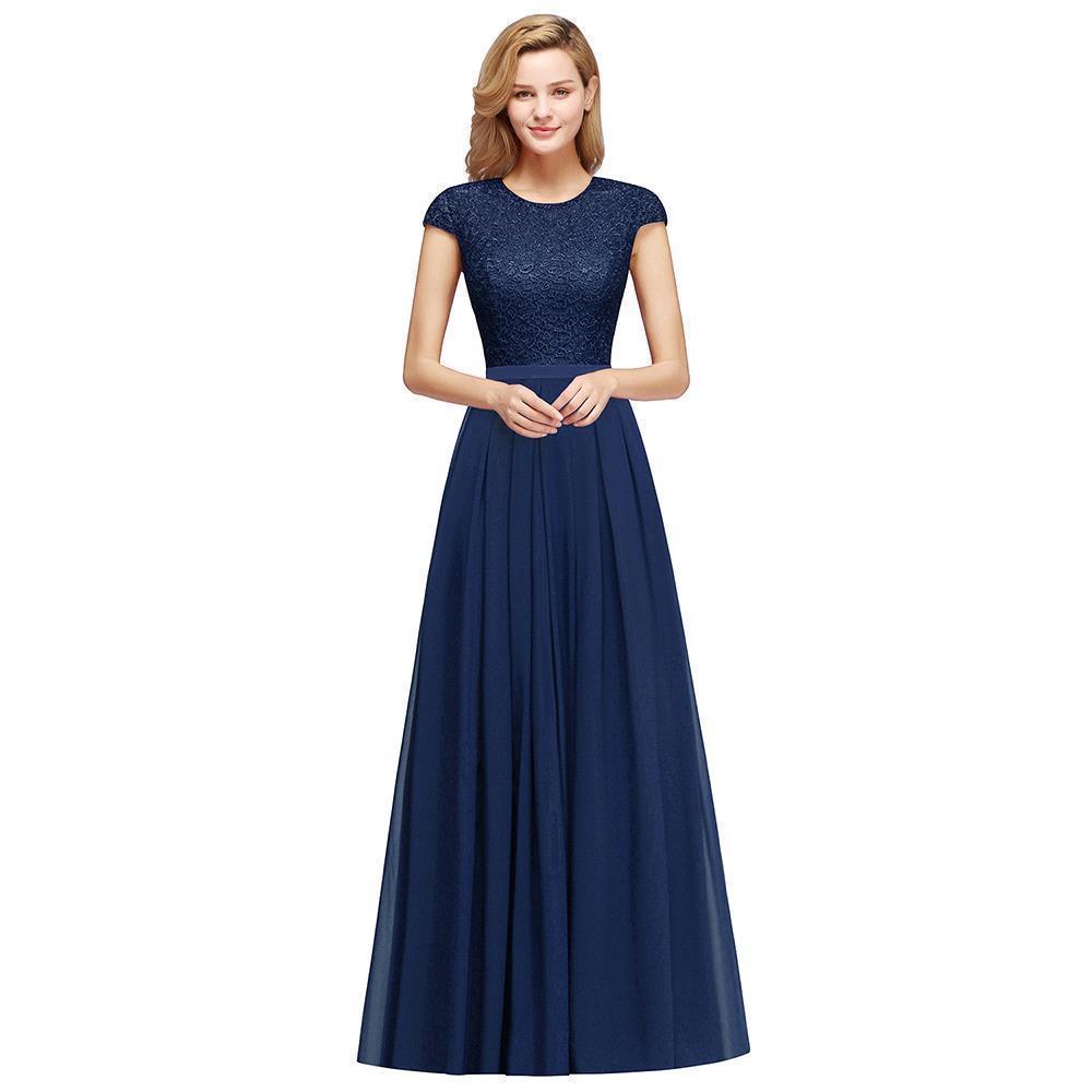 Designer Sleeves Cap Aline Evening Swing Dress Navy Blue Long Dress